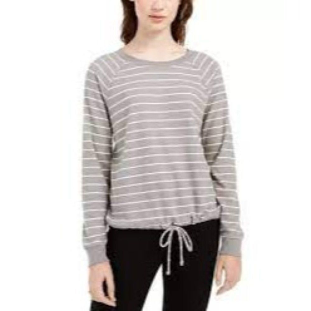 Ultra Flirt Womens Grey Striped Round Neck Long Sleeve Casual Blouse Top Size M
